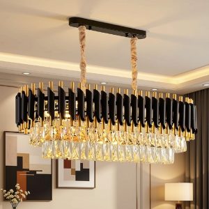 Black Golden Metal Rectangular Crystal Chandelier