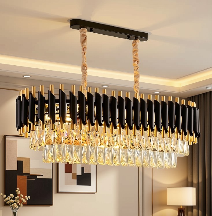Black Golden Metal Rectangular Crystal Chandelier